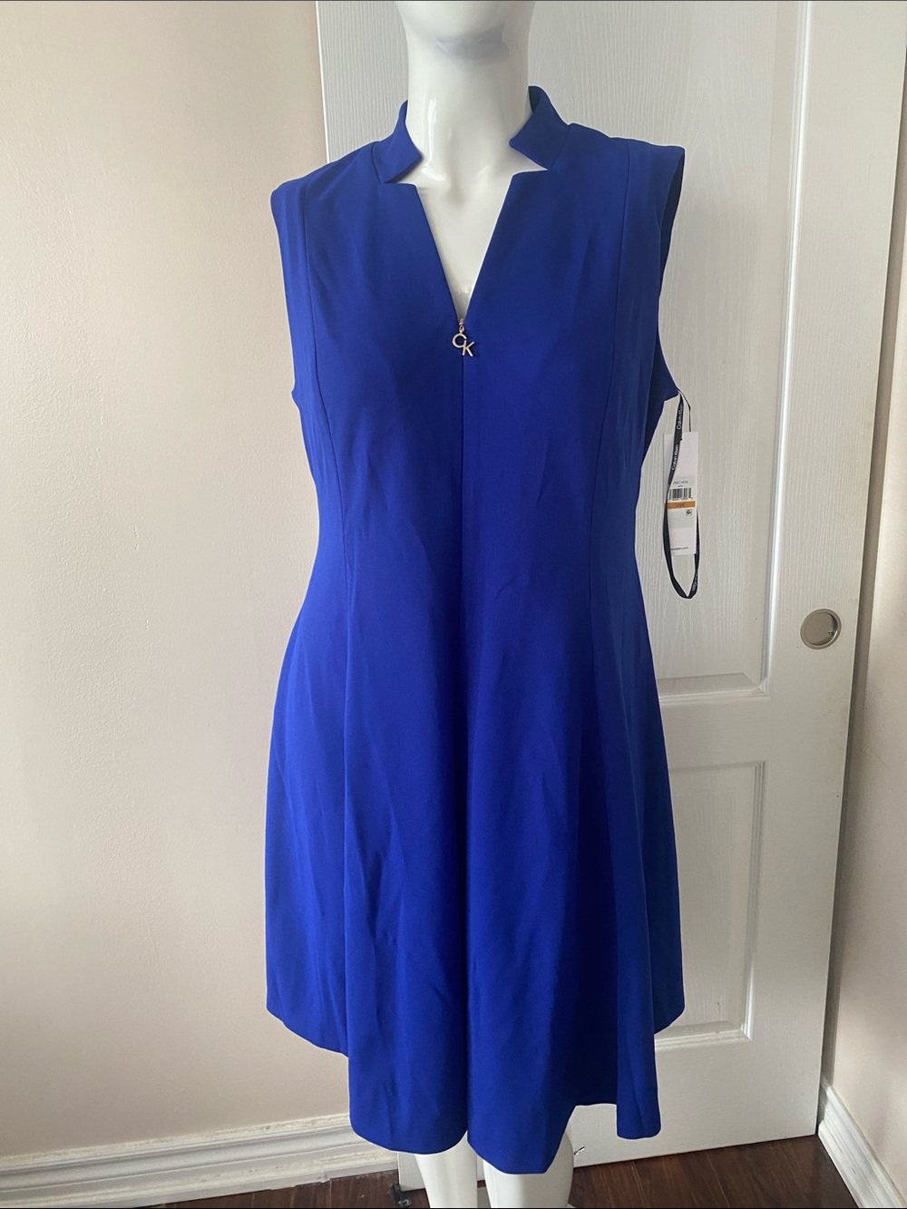 Calvin Klein Sleeveless Royal Blue V-Neck A-Line Dress 16 W
